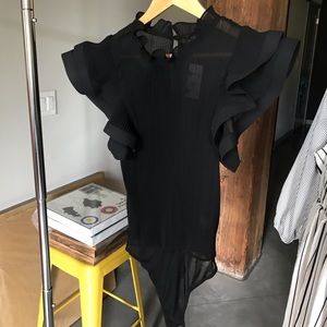 Top Chic See-Thru Pleated Bodysuit Ruffled Sleeves